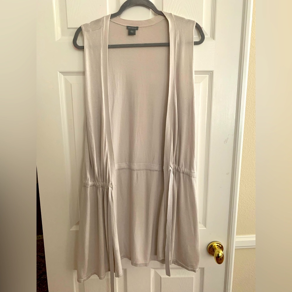 Ann Taylor Cardigan: Gray Silk/Cotton, Open Front w/1 Button & Tie at Waist, M/L